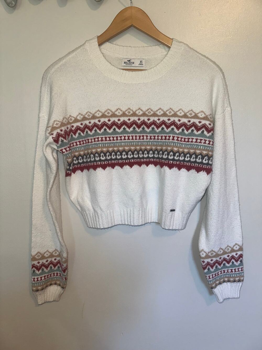 Hollister Fair Isle Cropped Sweater Cream Nordic Après Ski Size XS